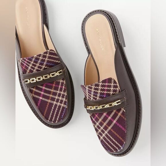NEW Ann Taylor Plaid Chain Slip on Loafer Slides in Chocolate Brown - Picture 1 of 10